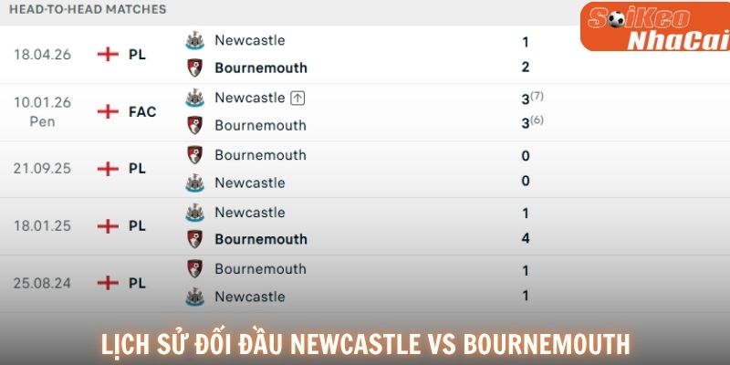 Lịch sử đối đầu Newcastle vs Bournemouth