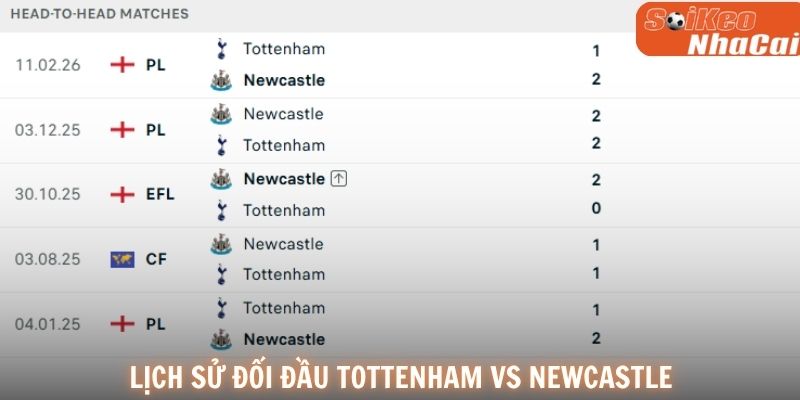 Lịch sử đối đầu Tottenham vs Newcastle